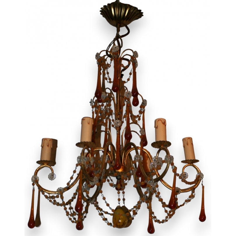 Lustre en laiton et cristal ambre à 6 lumières