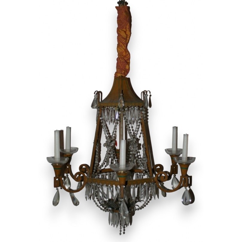 6-light chandelier in yellow and green painted sheet metal by Moinat SA – Antiques and home décor