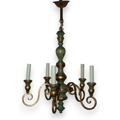 Lustre en bois et fer vert et or