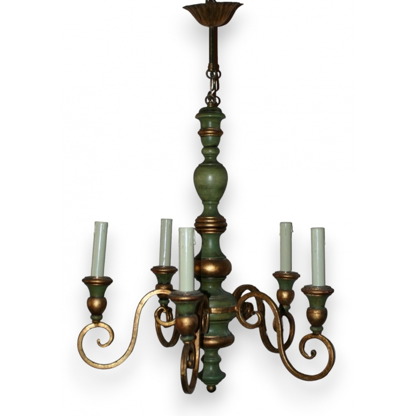 5-light wooden and iron chandelier in green and gold at  Moinat SA  - Antiques and home décor
