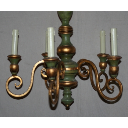 5-light wooden and iron chandelier in green and gold at  Moinat SA  - Antiques and home décor
