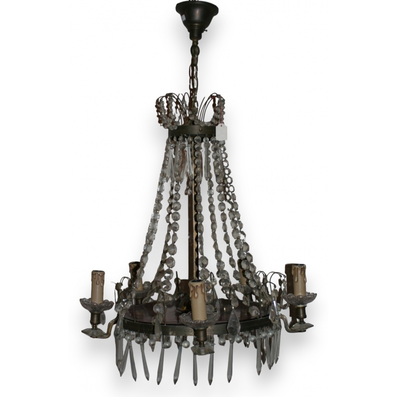 Lustre en bronze et cristaux à 5 feux