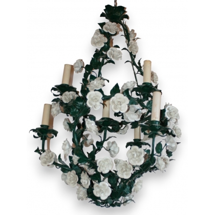 Lustre en fer peint vert à 6 feux