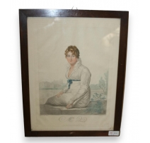 Gravure "Femme assise sur un muret Mrs