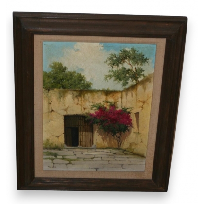 Huile sur toile \"Cour intérieur\" signée