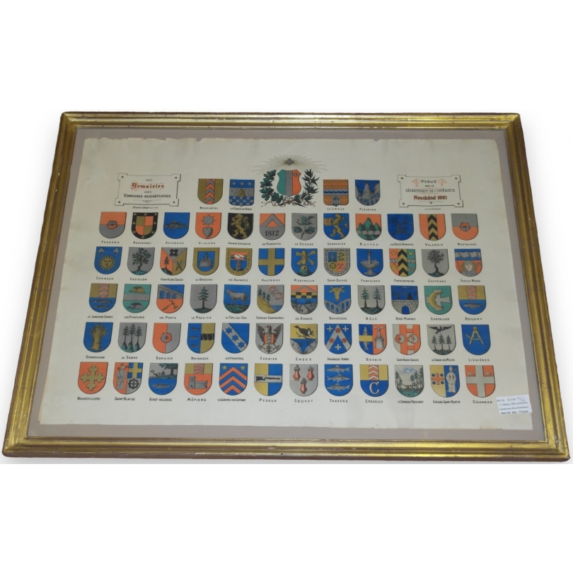 Engraving: ‘The coats of arms of the communes around Moinat SA’ – Antiques and decorative items – Engravings, lithographs