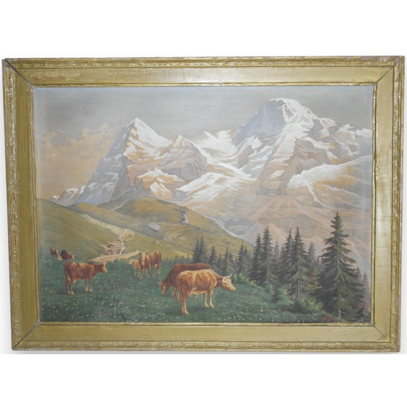 Aquarelle sur carton "Eiger, Mönch  et  sur Moinat SA  - Antiquités décoration -  Gouaches, Aquarelles, Pastels