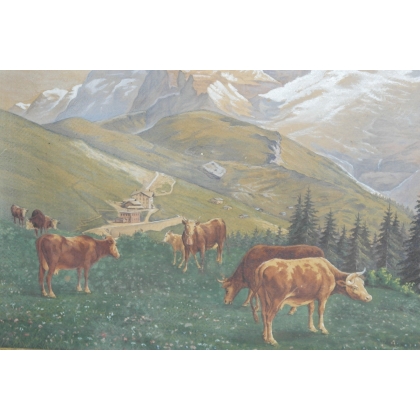 Aquarelle sur carton "Eiger, Mönch  et  sur Moinat SA  - Antiquités décoration -  Gouaches, Aquarelles, Pastels