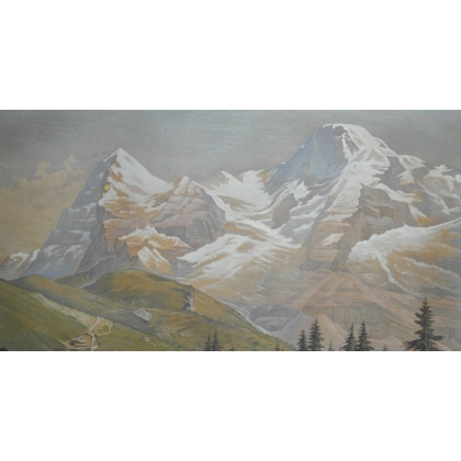 Aquarelle sur carton "Eiger, Mönch  et  sur Moinat SA  - Antiquités décoration -  Gouaches, Aquarelles, Pastels