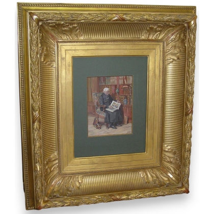 Cuadro «El cura en la biblioteca», de GRISON.  en Moinat SA  - Antigüedades y decoración -  Gouaches, acuarelas, pasteles