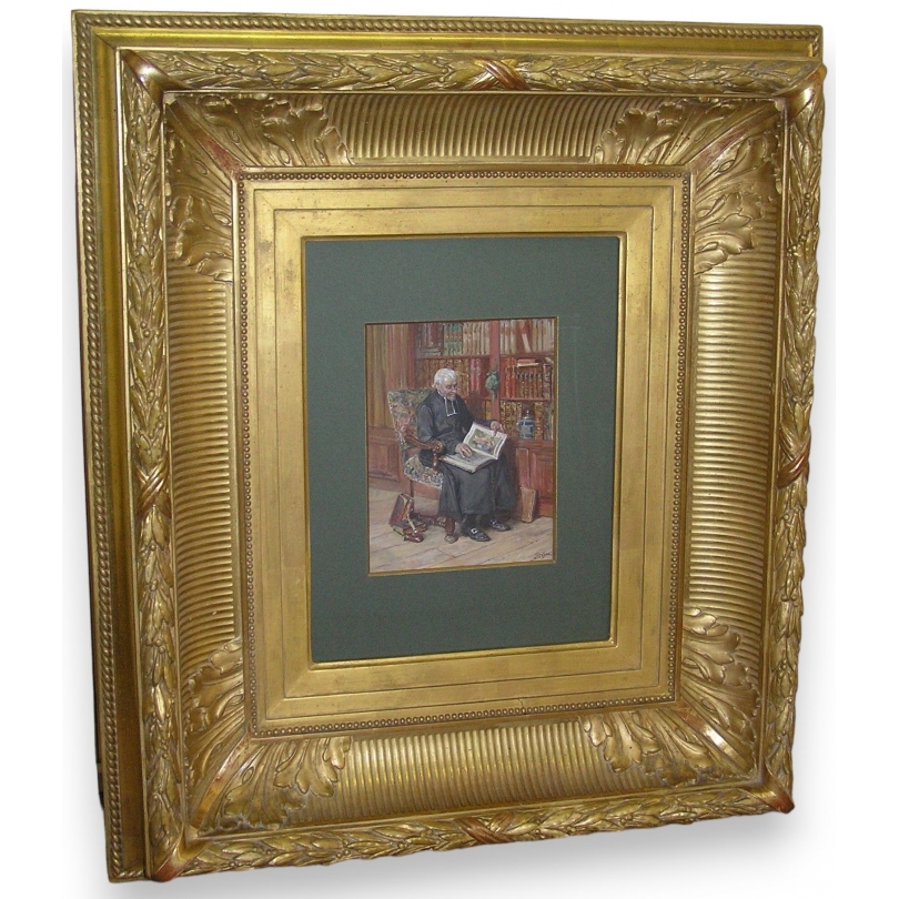 Cuadro «El cura en la biblioteca», de GRISON.  en Moinat SA  - Antigüedades y decoración -  Gouaches, acuarelas, pasteles