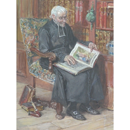 Cuadro «El cura en la biblioteca», de GRISON.  en Moinat SA  - Antigüedades y decoración -  Gouaches, acuarelas, pasteles