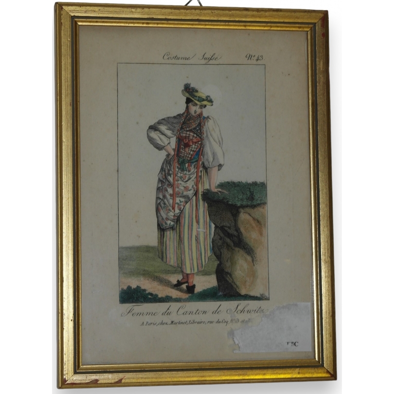 Gravure Costume Suisse "Femme du canton  sur Moinat SA  - Antiquités décoration -  Gravures, Lithos