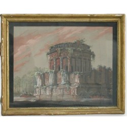 Acuarela «Templo italiano» con marco dorado.  en Moinat SA  - Antigüedades y decoración -  Gouaches, acuarelas, pasteles