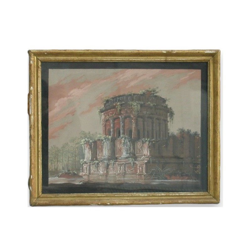 Acuarela «Templo italiano» con marco dorado.  en Moinat SA  - Antigüedades y decoración -  Gouaches, acuarelas, pasteles