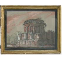 Aquarelle "Temple italien" avec cadre doré.