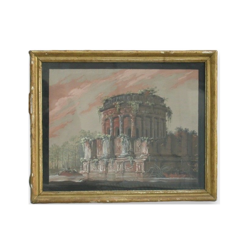 Aquarelle "Temple italien" avec cadre doré.