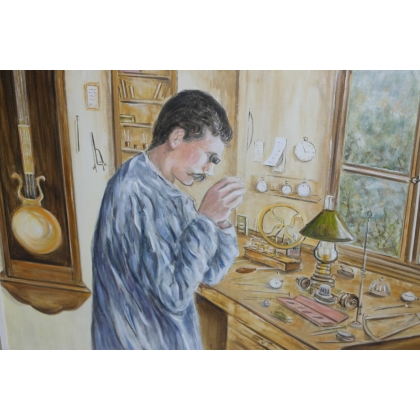 Paintings | Oil on canvas, ‘The Clockmaker’, signed Moinat SA  – Antiques and home décor