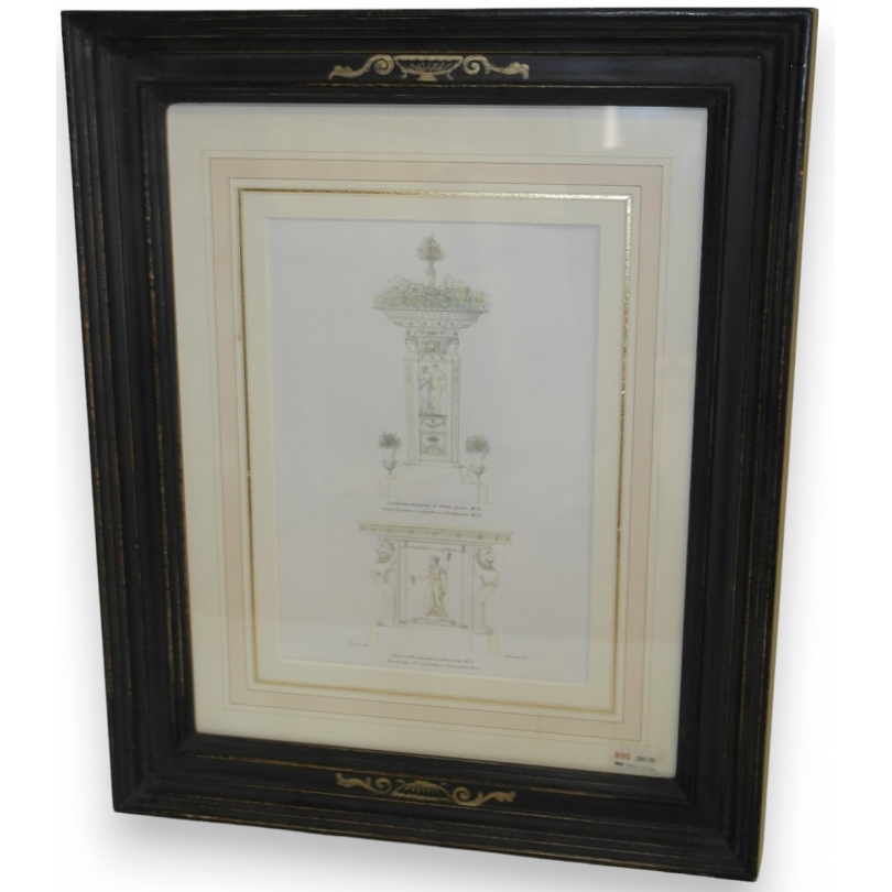 Gravure aquarellée "Jardinière et Table