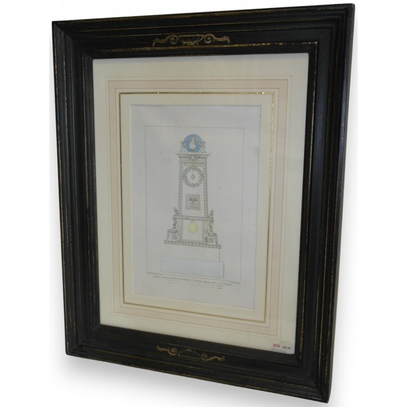 Gravure aquarellée "Pendule" par PERCIER  sur Moinat SA  - Antiquités décoration -  Gravures, Lithos
