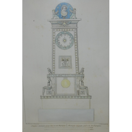 Gravure aquarellée "Pendule" par PERCIER  sur Moinat SA  - Antiquités décoration -  Gravures, Lithos