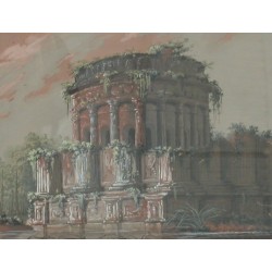 Acuarela «Templo italiano» con marco dorado.  en Moinat SA  - Antigüedades y decoración -  Gouaches, acuarelas, pasteles