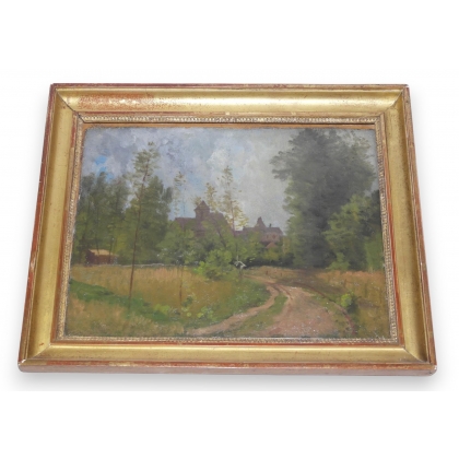 Huile sur toile \"Village et église\"
