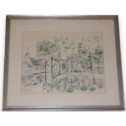  Dessin au fusain et aquarelle "Place du sur  Moinat SA  - Antiquités décoration