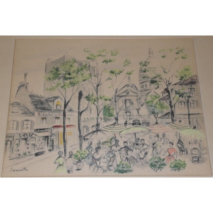  Dessin au fusain et aquarelle "Place du sur  Moinat SA  - Antiquités décoration