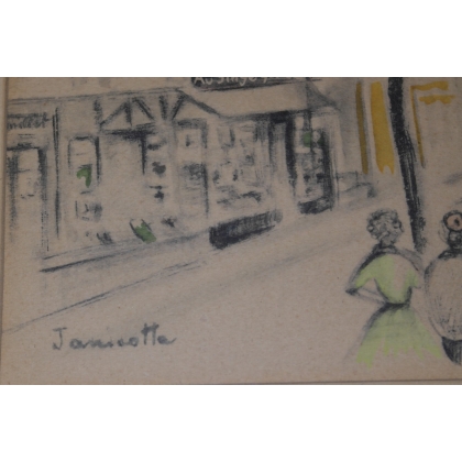  Dessin au fusain et aquarelle "Place du sur  Moinat SA  - Antiquités décoration