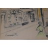  Dessin au fusain et aquarelle "Place du sur  Moinat SA  - Antiquités décoration