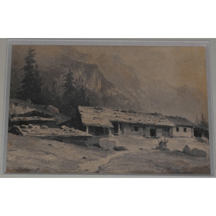 Dessin à l'encre de chine "l'Alpage"  sur Moinat SA  - Antiquités décoration -  Gouaches, Aquarelles, Pastels