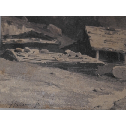 Dessin à l'encre de chine "l'Alpage"  sur Moinat SA  - Antiquités décoration -  Gouaches, Aquarelles, Pastels