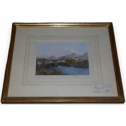 Coloured engraving ‘Geneva on the banks of the Rhône’ by Moinat SA – Antiques and decorative items – Engravings, lithographs
