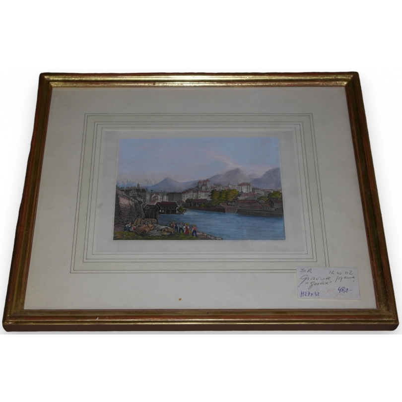 Coloured engraving ‘Geneva on the banks of the Rhône’ by Moinat SA – Antiques and decorative items – Engravings, lithographs