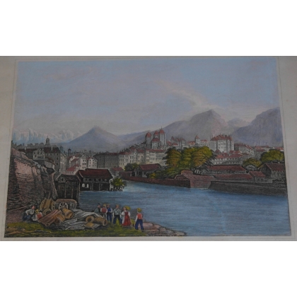 Coloured engraving ‘Geneva on the banks of the Rhône’ by Moinat SA – Antiques and decorative items – Engravings, lithographs