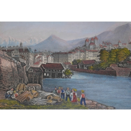 Coloured engraving ‘Geneva on the banks of the Rhône’ by Moinat SA – Antiques and decorative items – Engravings, lithographs