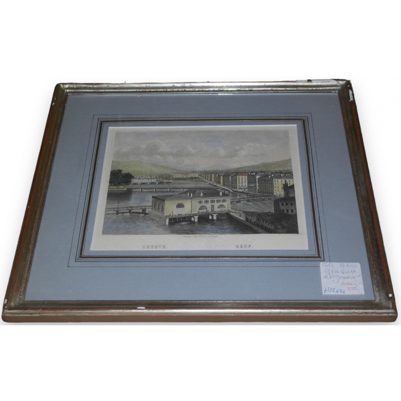 Coloured engraving "Geneva, Pont de la Moinat SA" – Antiques and decorative items – Engravings, lithographs