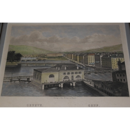 Coloured engraving "Geneva, Pont de la Moinat SA" – Antiques and decorative items – Engravings, lithographs