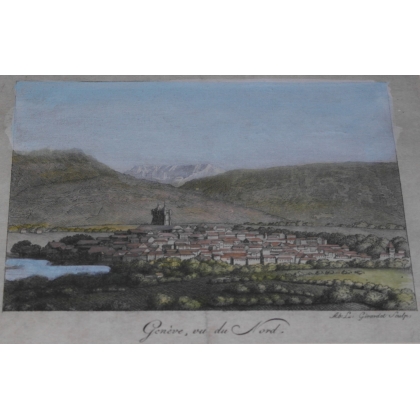Gravure coloriée "Genève, vu du Nord"  sur Moinat SA  - Antiquités décoration -  Gravures, Lithos