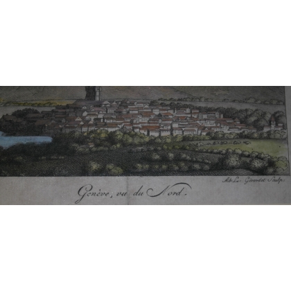 Gravure coloriée "Genève, vu du Nord"  sur Moinat SA  - Antiquités décoration -  Gravures, Lithos