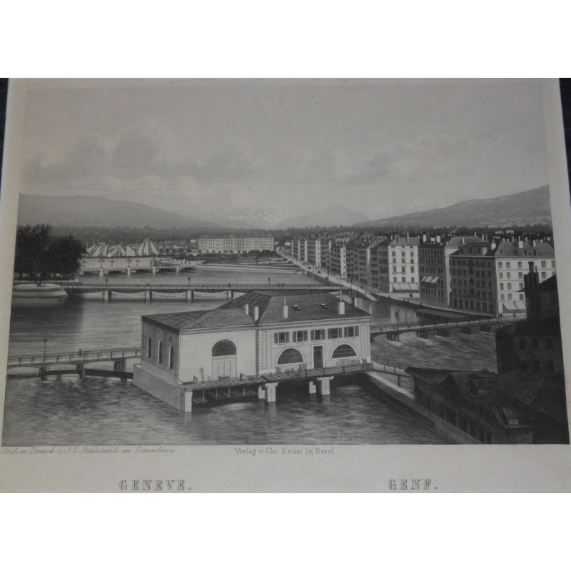 Engraving "Geneva, pont de la Machine" Moinat SA Antiquités décoration