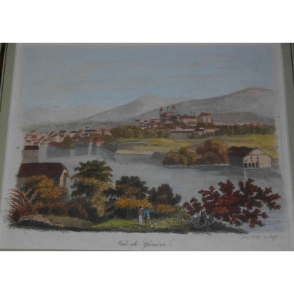 Coloured engraving ‘View of Geneva’ by Moinat SA – Antiques and decorative items – Engravings, lithographs