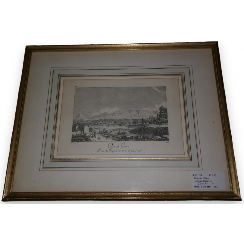 Engraving: ‘View of Geneva from Les Pâquis’ by Moinat SA – Antiques and decorative items – Engravings, lithographs