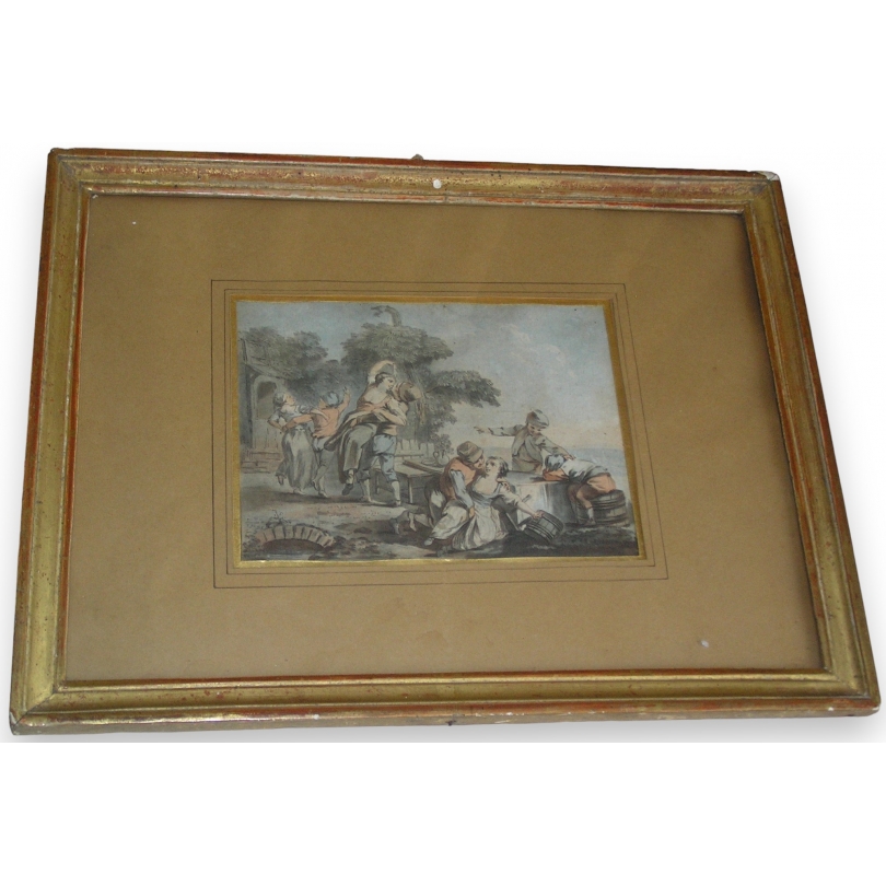 Gravure au trait "Fête au village" sur