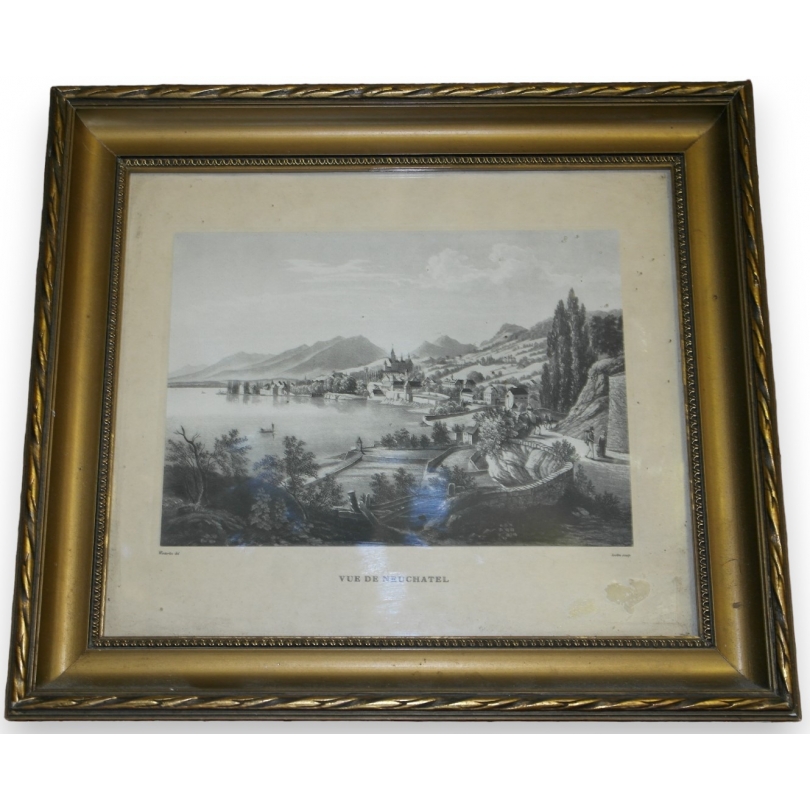 Engraving ‘View of Neuchâtel’ by WINTERLIN, on Moinat SA – Antiques and decorative items – Engravings, lithographs