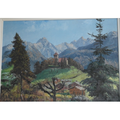 Tableau \"Eglise de Château-d\'Oex\" signée E. ROSSET