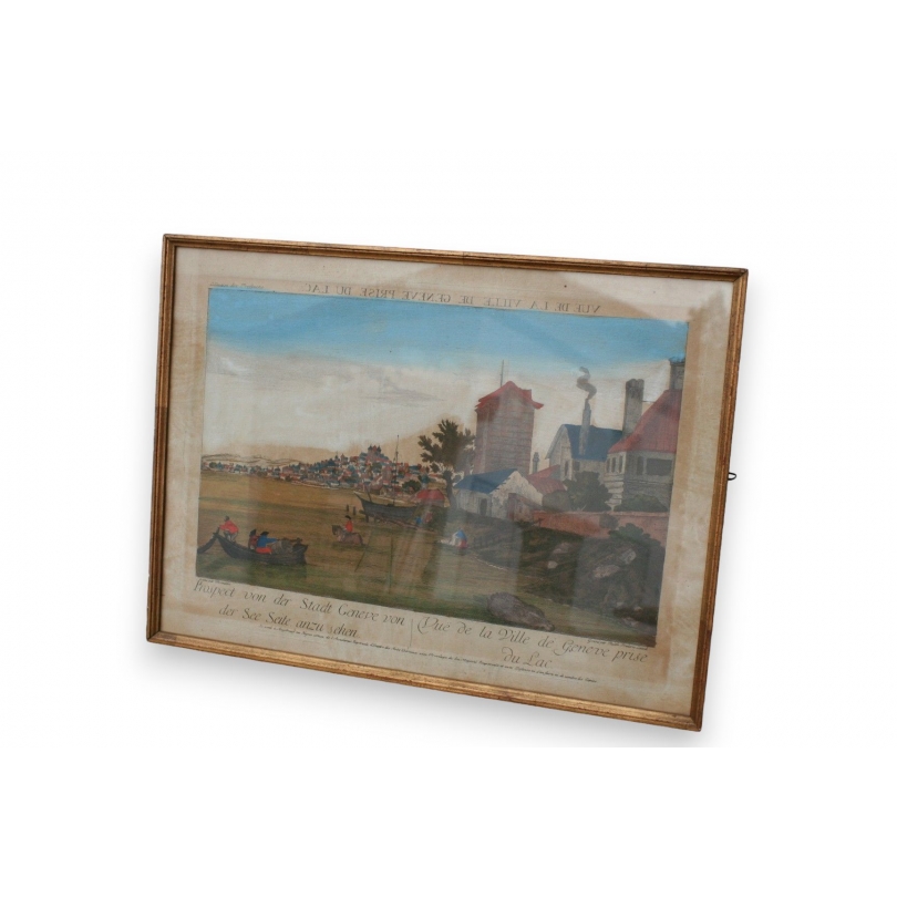 Gravure Vue d'optique ''Genève par BRANDOIN