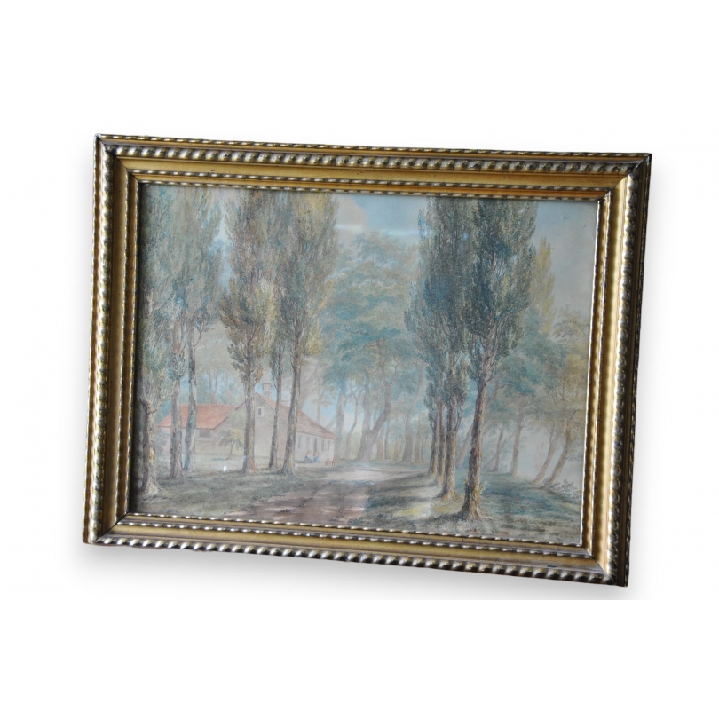 Aquarelle "Maison dans une clairière au  sur Moinat SA  - Antiquités décoration -  Gouaches, Aquarelles, Pastels