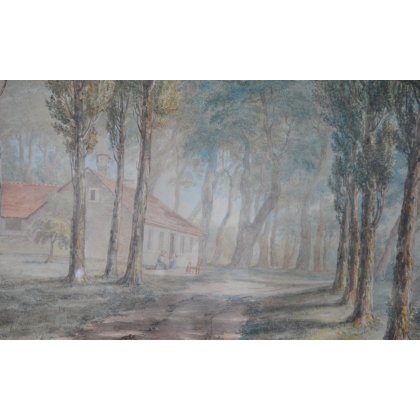 Aquarelle "Maison dans une clairière au  sur Moinat SA  - Antiquités décoration -  Gouaches, Aquarelles, Pastels